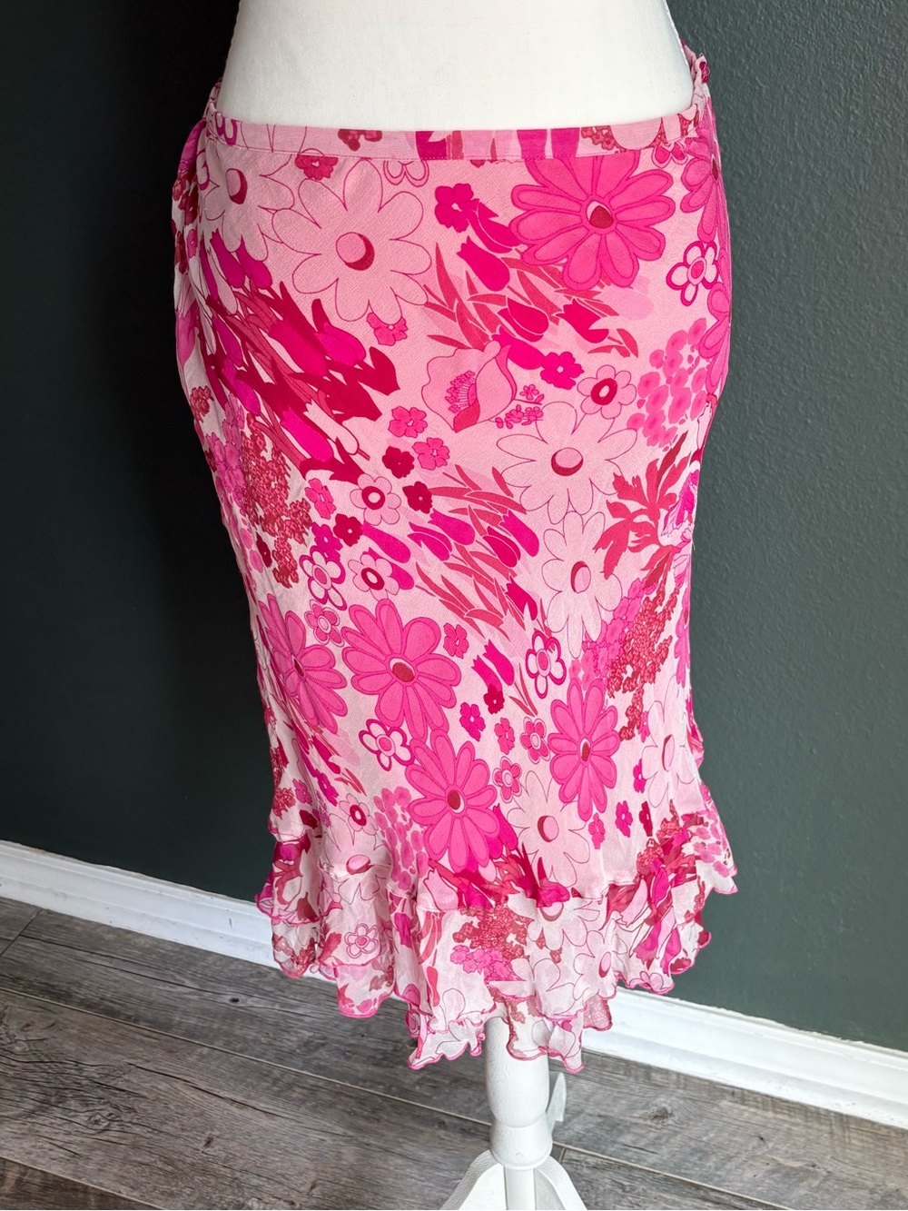 Erin B Pink Floral Silk Ruffle Hem Midi Skirt Women’s Large Y2K Cottagecore
